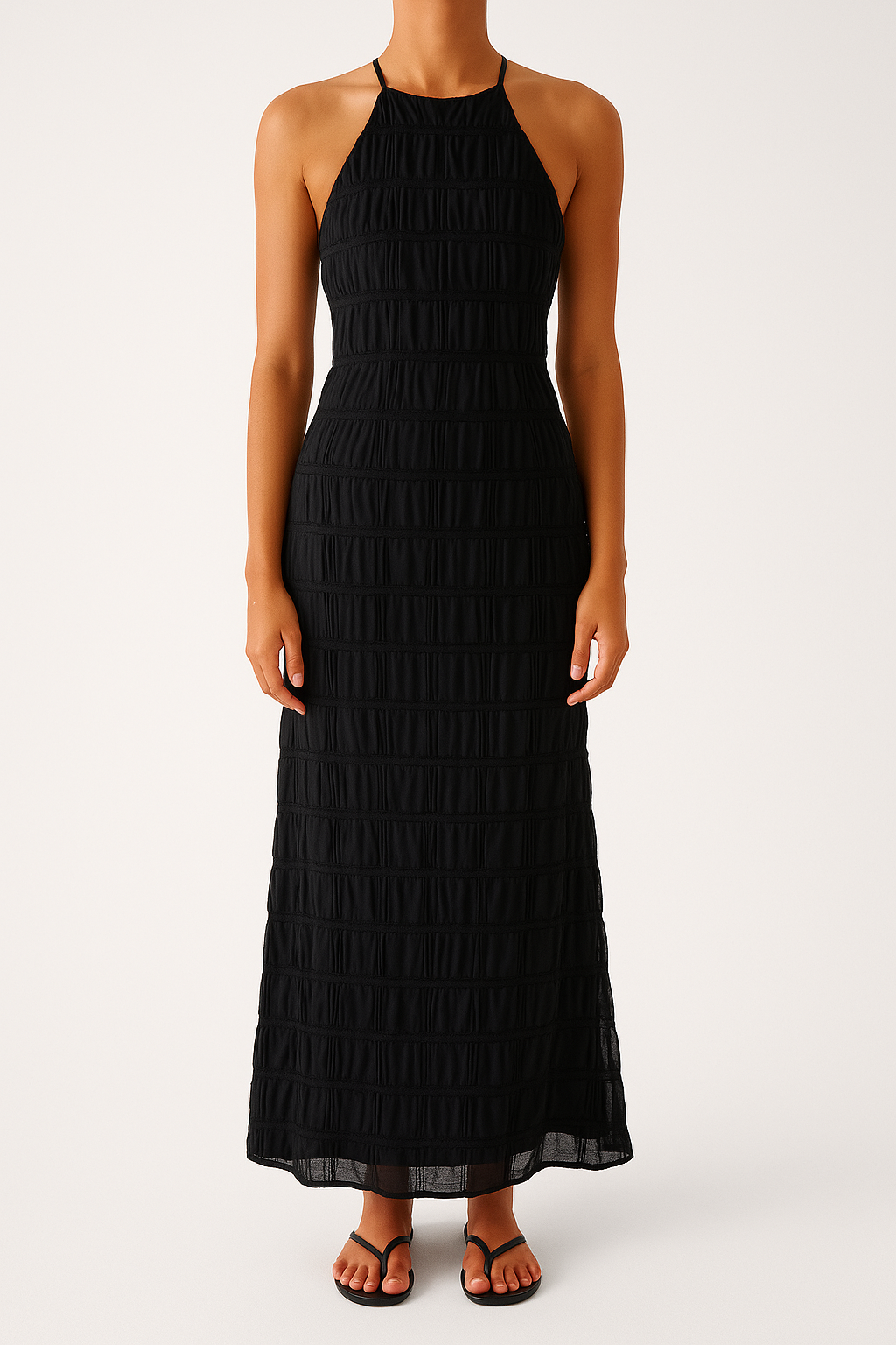 Women's Maxi Dress – Fitted Shape – Halterneck – Ruched Texture – Open Back
