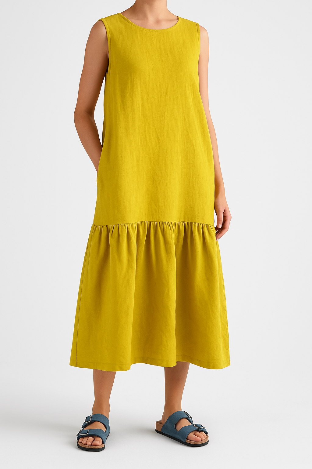 Women's Midi Dress – Sleeveless – Loose Fit – Linen Blend – Ruffle Edge – For Everyday Use