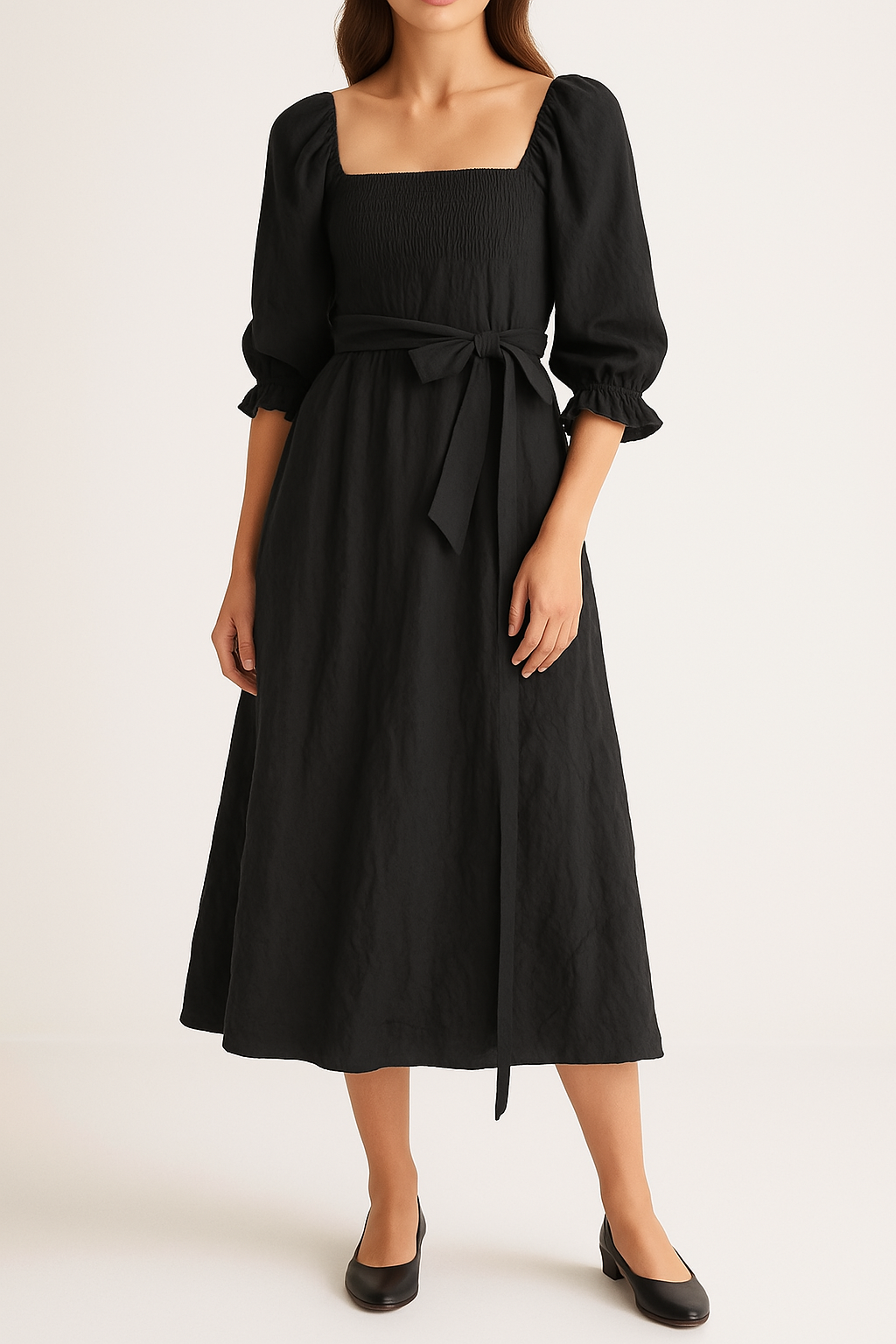 Dress for women – Smocked bodice – A-line – Puff sleeves – Reversible design – Waistband