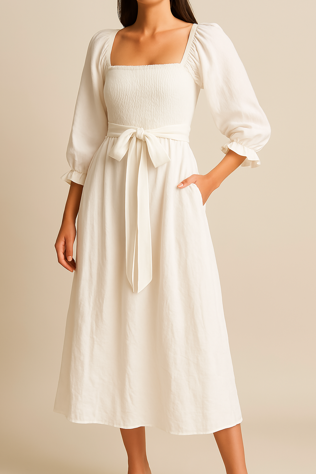 Dress for women – Smocked bodice – A-line – Puff sleeves – Reversible design – Waistband