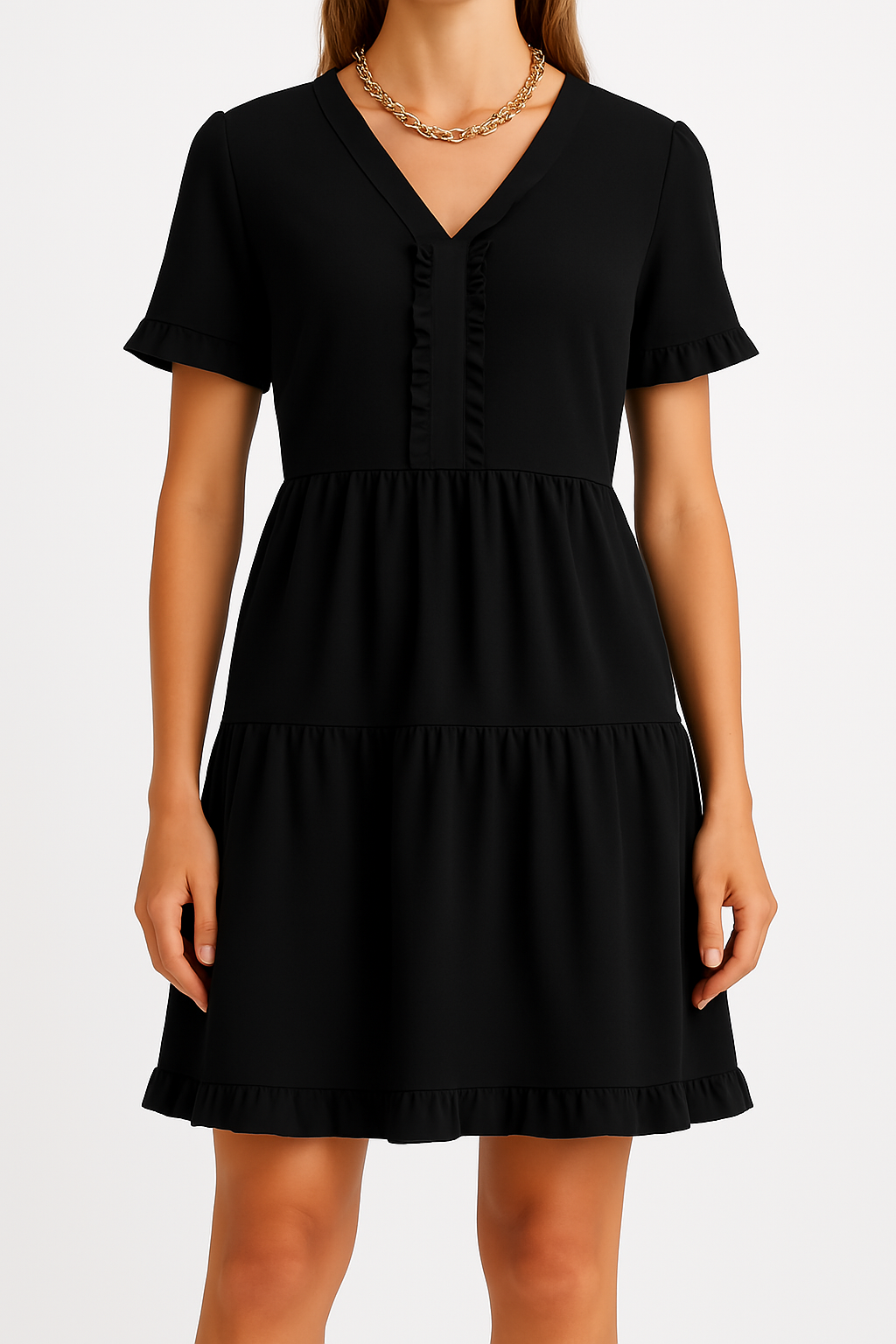 Women's Dress A-line – Relaxed Fit – V-neck – Ruffle Details – Short Sleeved – Layered
