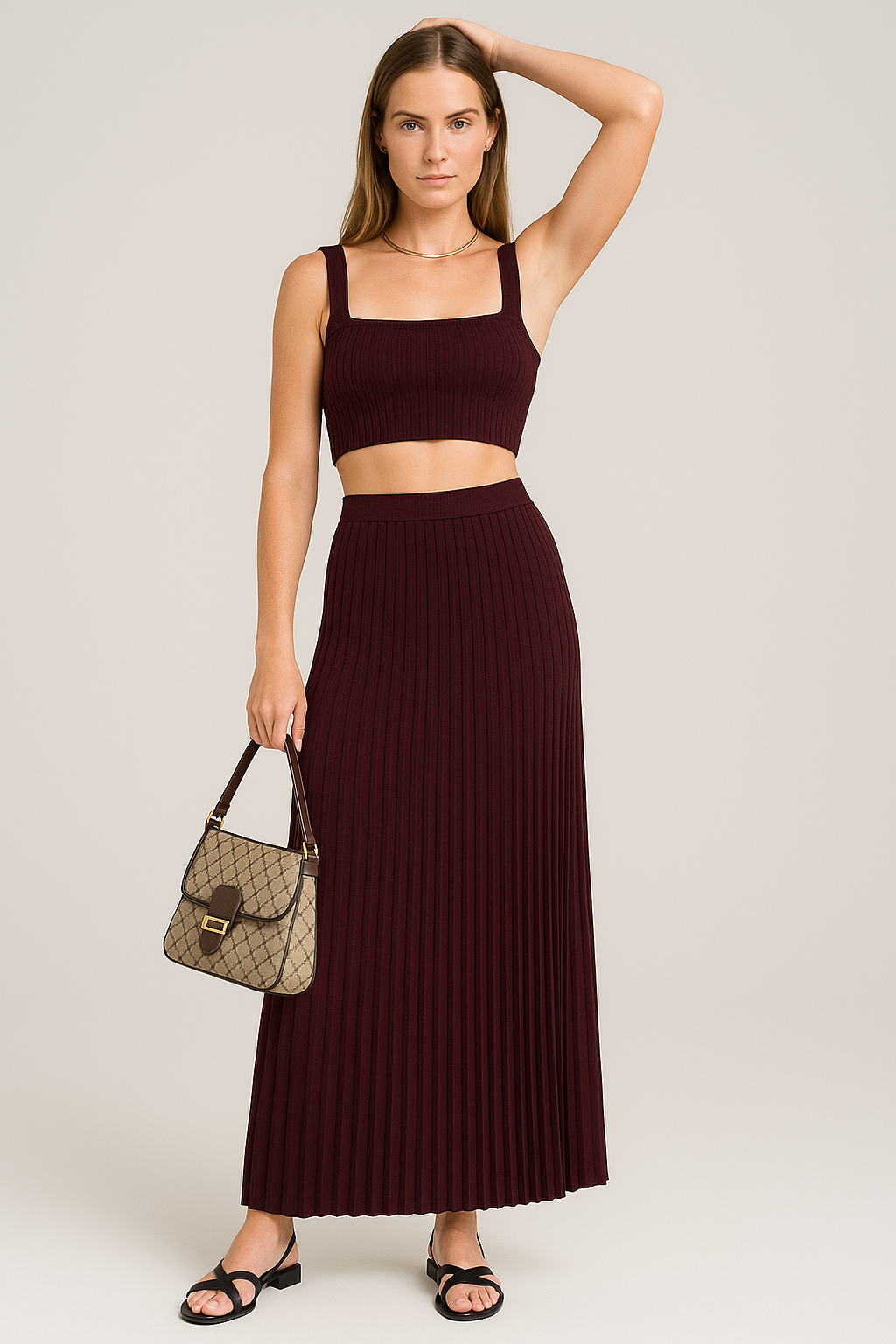Women’s Tank Top – Slim Fit – Ribbed Knit – Square Neck – Cropped with Wide Straps