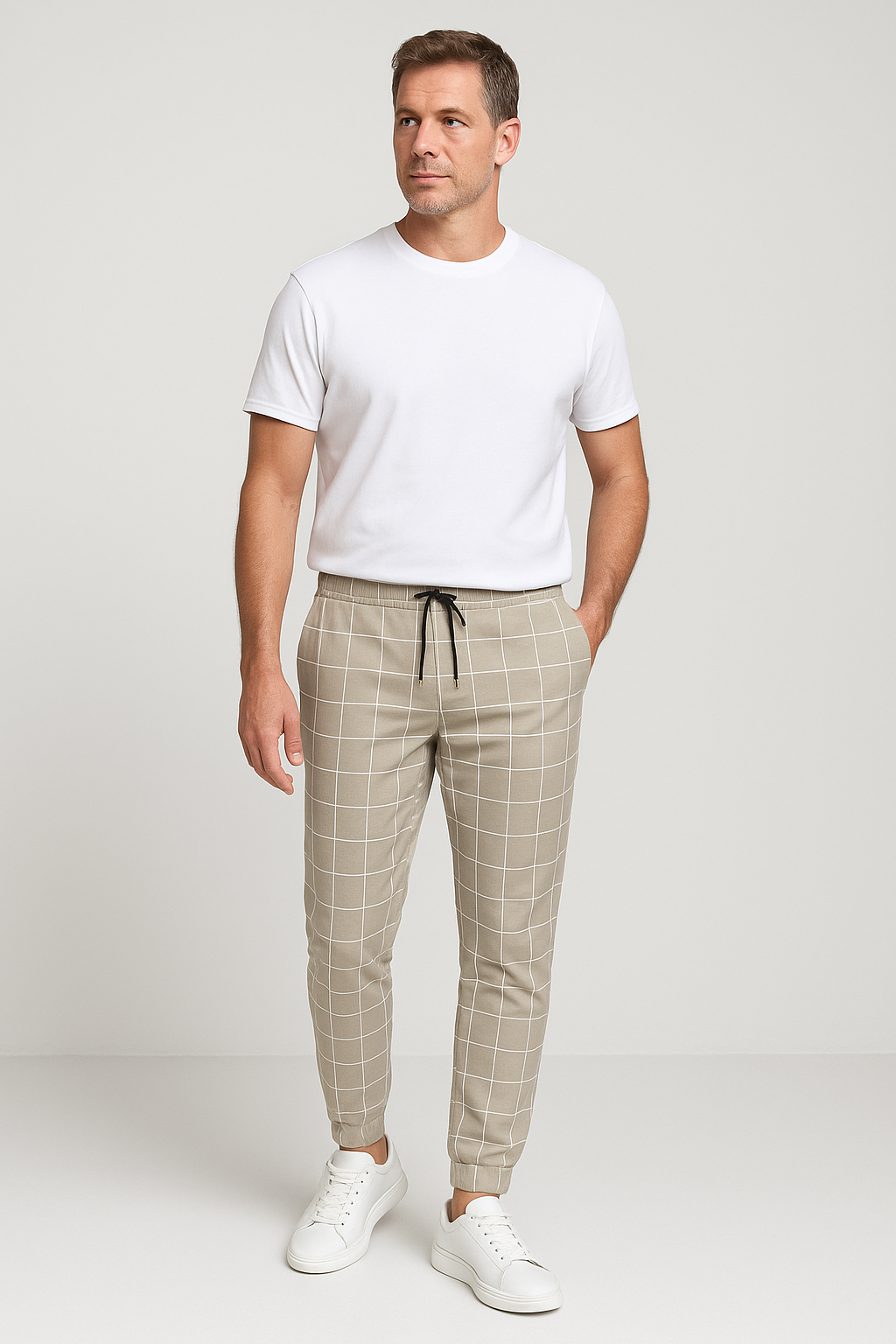Mens Grid Print Joggers With Adjustable Drawstring Waist Tailored Fit Lightweight For Casual Comfort