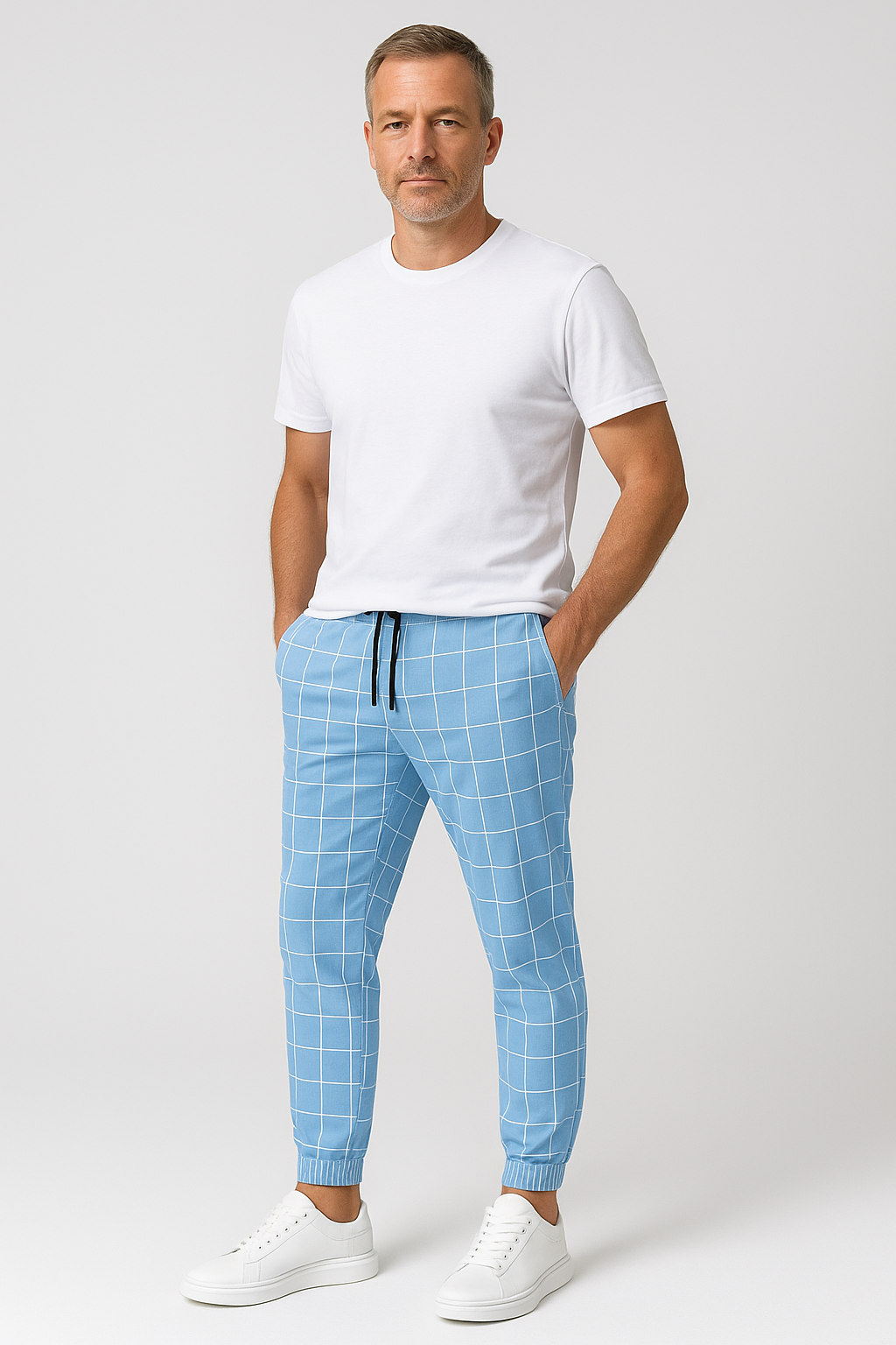Mens Grid Print Joggers With Adjustable Drawstring Waist Tailored Fit Lightweight For Casual Comfort