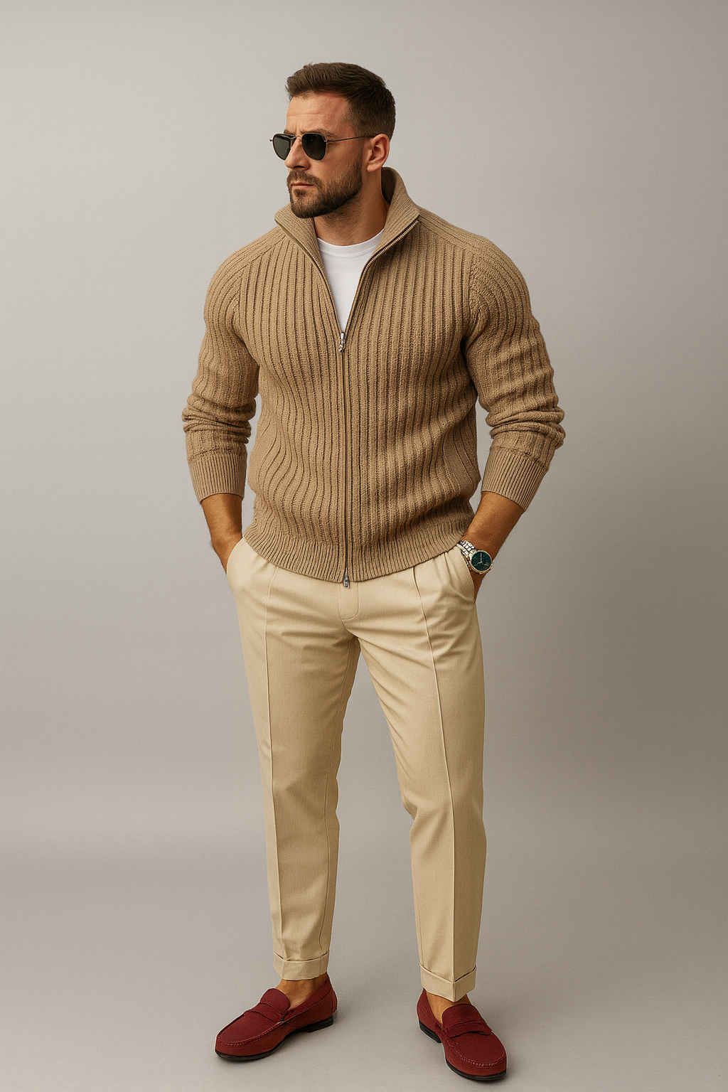 TrendAura | Classic Wool Refined Zip Cardigan