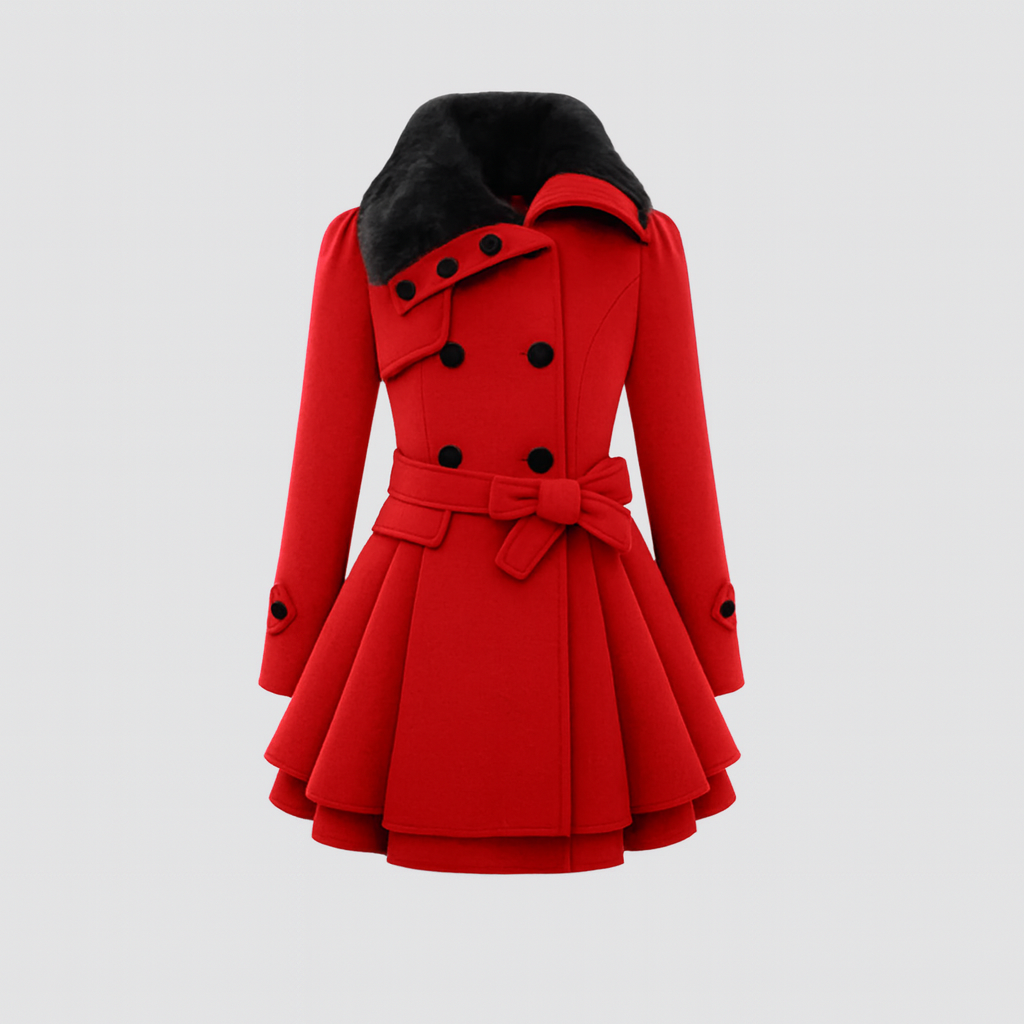 TrendAura | Belted Fur-Collar Coat