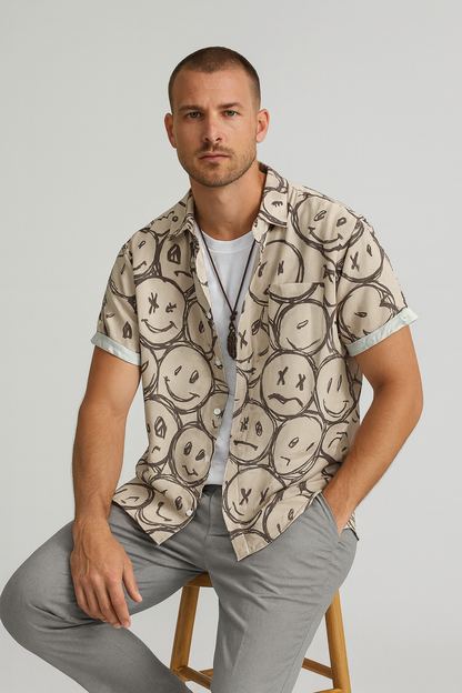 TrendAura | Men’s Smiley Print Short-Sleeve Shirt