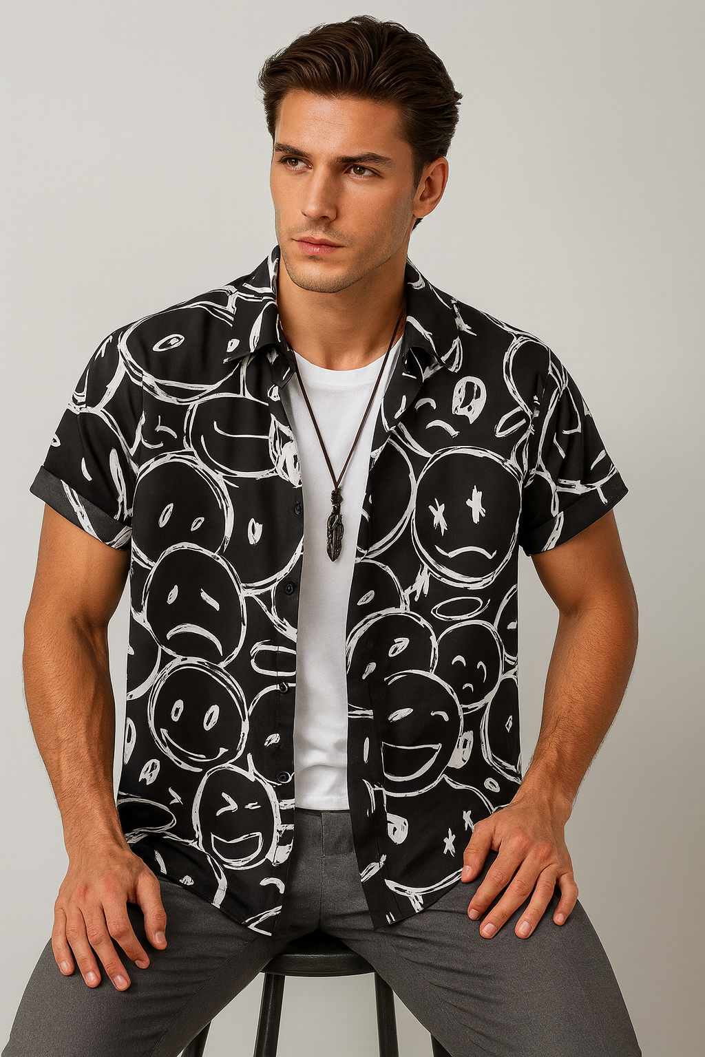 TrendAura | Men’s Smiley Print Short-Sleeve Shirt