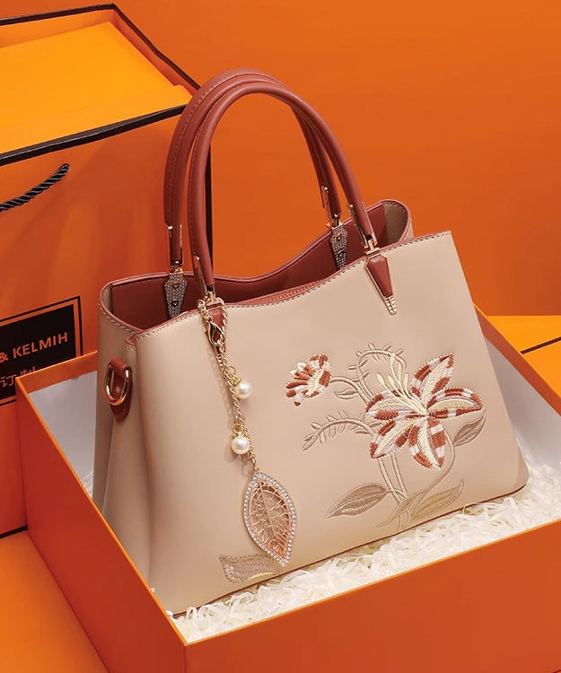 Sac cabas chic en cuir de veau brodé abricot - TrendAura