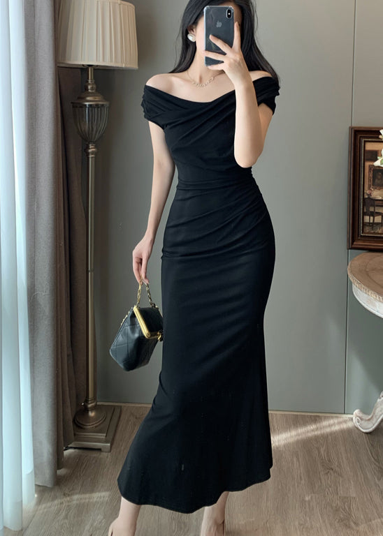 Robe de soirée portefeuille noire chic à épaules dénudées pour l'été - TrendAura
