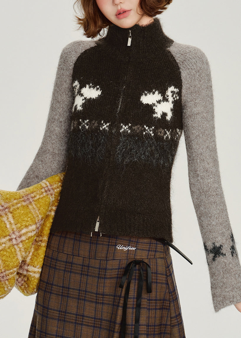 Gilet d'hiver chic noir zippé en maille patchwork - TrendAura