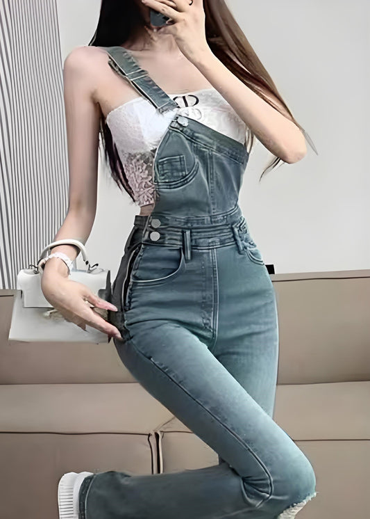Combinaison évasée en jean déchiré bleu chic avec poches pour l'automne - TrendAura
