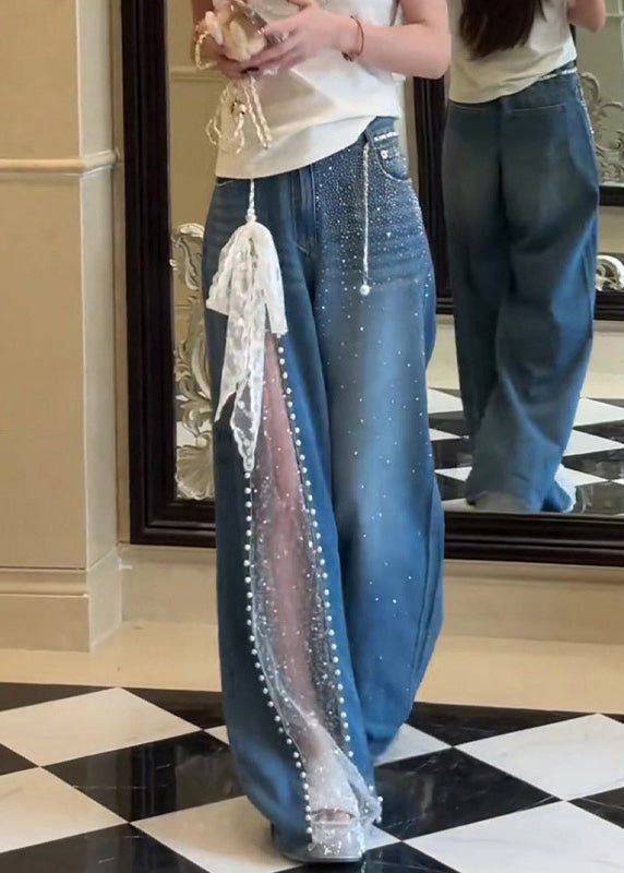 Pantalon en jean patchwork en dentelle de zircon bleu chic avec poches pour l'automne - TrendAura