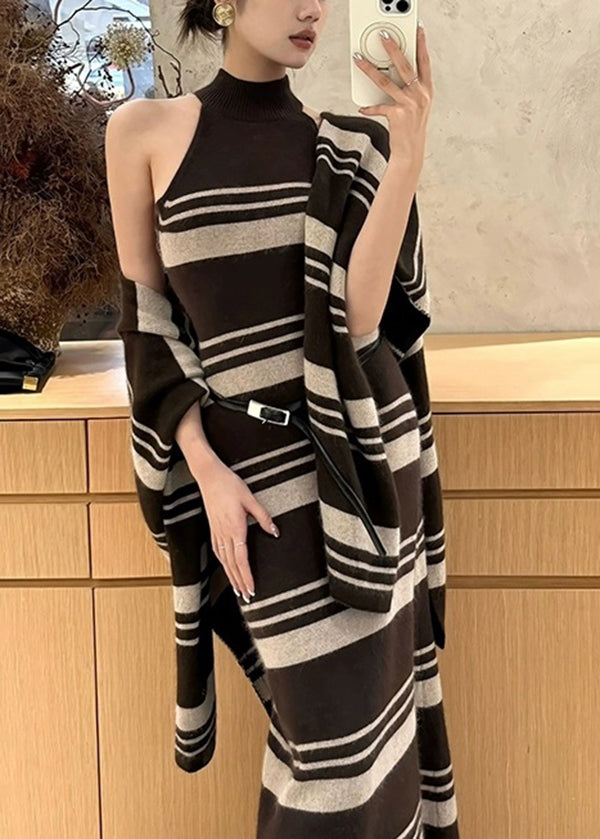 Ensemble deux pièces automne chic : cardigan rayé marron et robe pull en maille. - TrendAura