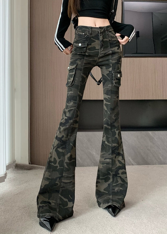 Pantalon évasé en denim vert camouflage chic et ajusté pour l'automne - TrendAura