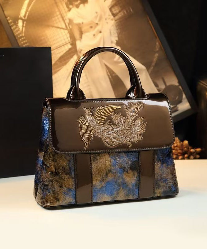 Sac fourre-tout chic en cuir de veau bleu café avec broderie Phoenix - TrendAura