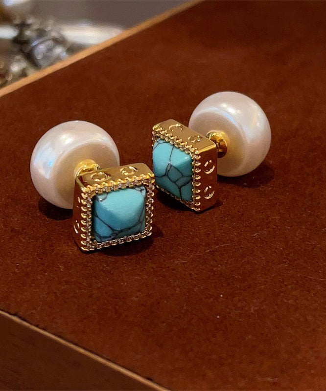 Boucles d'oreilles à tige chics en perles turquoise surdorées en cuivre colorblock - TrendAura