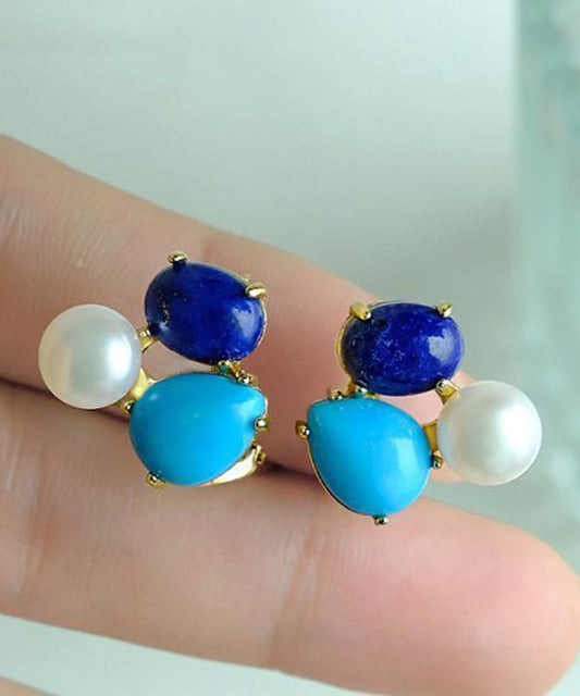 Boucles d'oreilles à tige chics en argent sterling avec perles turquoise surdorées - TrendAura