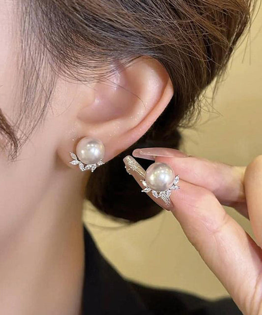 Boucles d'oreilles à tige chics en cuivre et zircon avec perles et feuilles - TrendAura