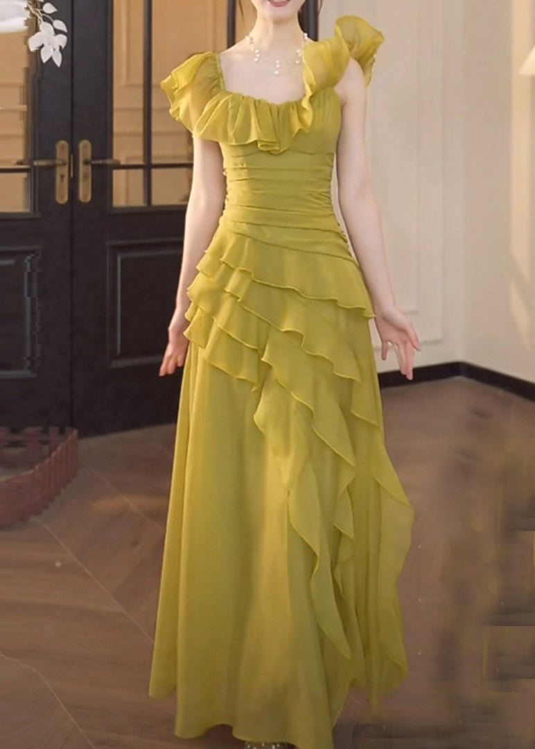 Robe chic en mousseline de soie verte à col carré et volants pour l'été - TrendAura