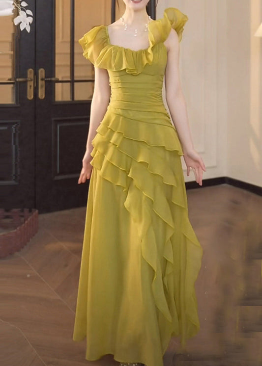 Robe chic en mousseline de soie verte à col carré et volants pour l'été - TrendAura