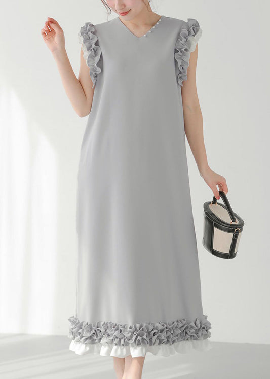 Robe droite chic grise à volants et perles en patchwork, sans manches - TrendAura