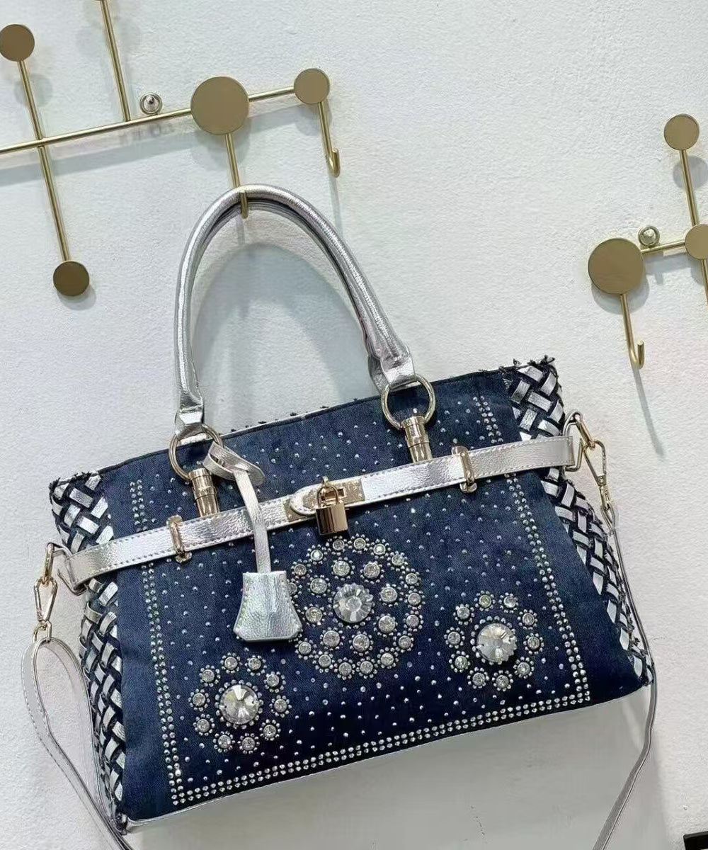 Sac fourre-tout chic en denim bleu marine avec strass, grande capacité - TrendAura
