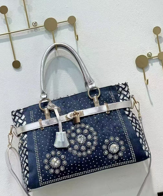 Sac fourre-tout chic en denim bleu marine avec strass, grande capacité - TrendAura