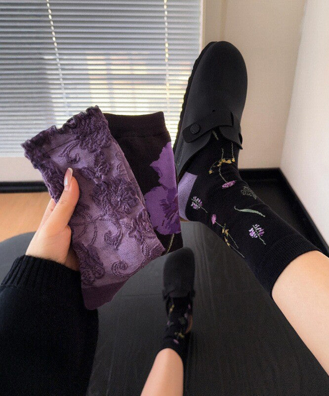 Chaussettes mi-mollet chics en coton jacquard violet - TrendAura