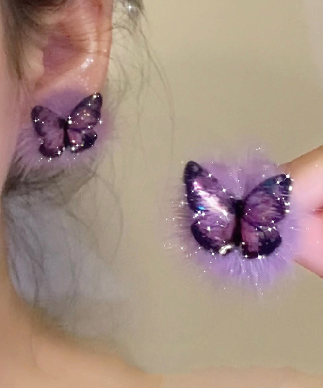 Boucles d'oreilles à tige en argent sterling violet chic et dorées, en fourrure duveteuse et papillon - TrendAura