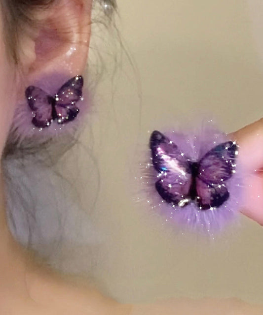 Boucles d'oreilles à tige en argent sterling violet chic et dorées, en fourrure duveteuse et papillon - TrendAura