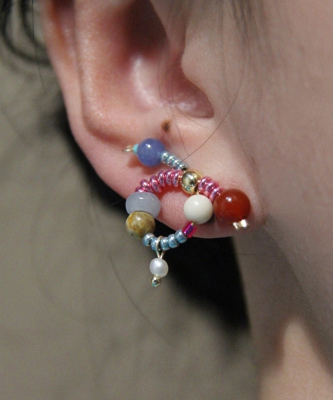Boucles d'oreilles à tige chics en argent sterling avec nœud en jade et agate surdoré - TrendAura