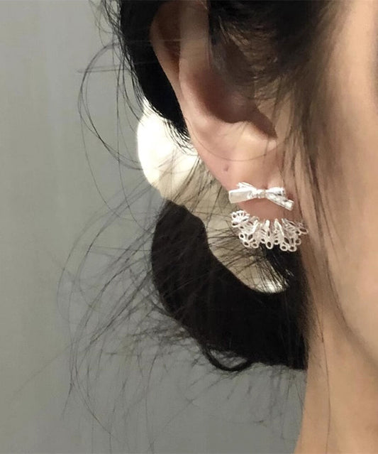 Boucles d'oreilles à tige chics en alliage d'argent sterling blanc avec nœud en dentelle patchwork - TrendAura