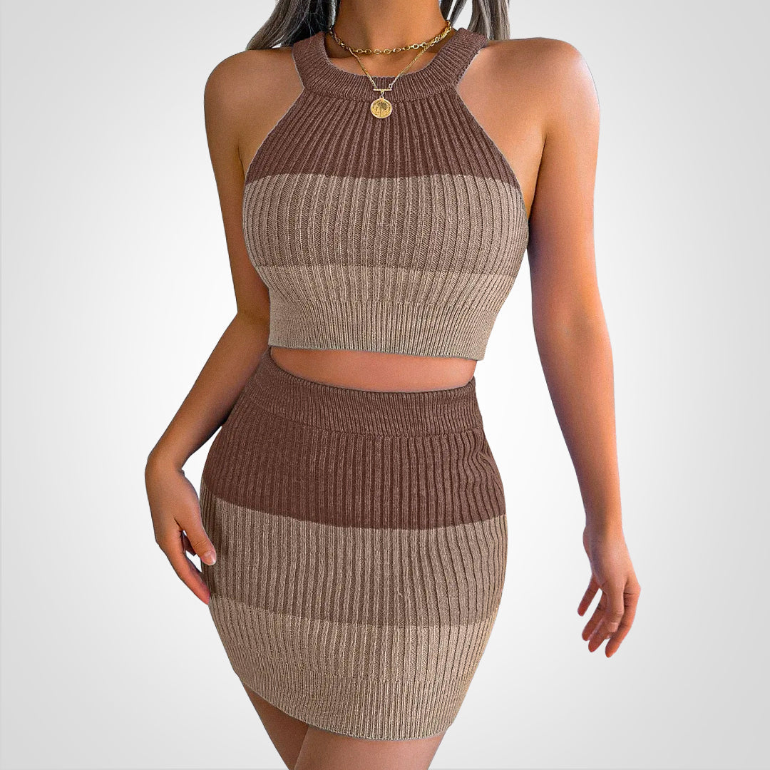 TrendAura Women's Knit Set Halterneck Crop Top And High Waist Mini Skirt - Ribbed Form Fitting Ensemble