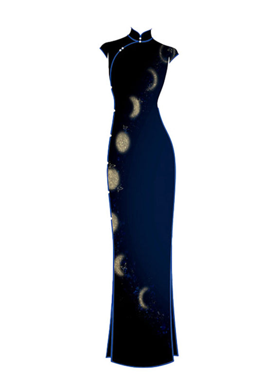 Robe longue bleue à col montant et manches courtes, style chinois - TrendAura