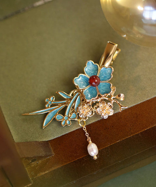Épingle à cheveux à pompon floral en argent sterling bleu surdoré de style chinois - TrendAura