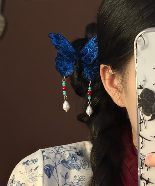 Épingle à cheveux à pompon en perles et broderie papillon bleu de style chinois - TrendAura