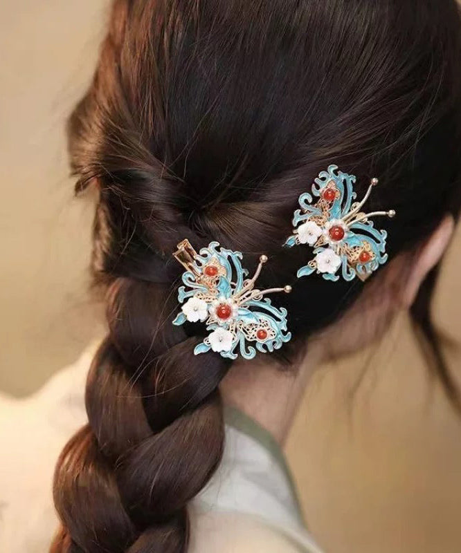 Épingle à cheveux en argent sterling colorblock de style chinois avec clochette, orchidée, papillon et perles - TrendAura