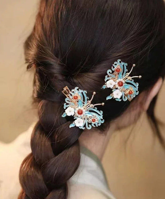 Épingle à cheveux en argent sterling colorblock de style chinois avec clochette, orchidée, papillon et perles - TrendAura