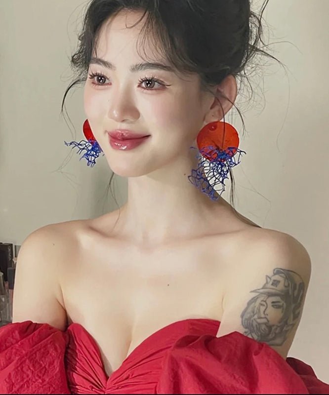 Boucles d'oreilles pendantes ajourées en tulle colorblock de style chinois - TrendAura