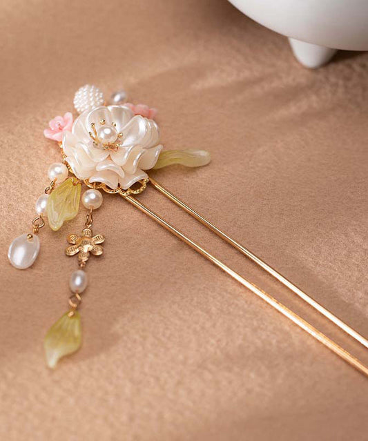 Épingle à cheveux à pompon en alliage d'or de style chinois avec glaçure colorée en perles - TrendAura