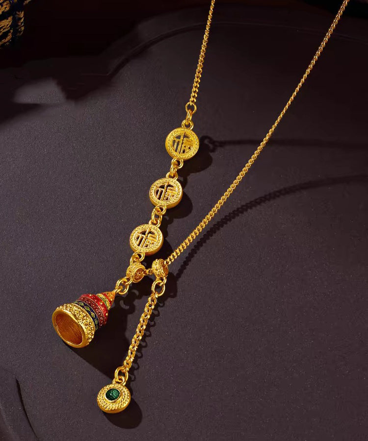 Collier lariat en or antique de style chinois avec cristal émaillé - TrendAura