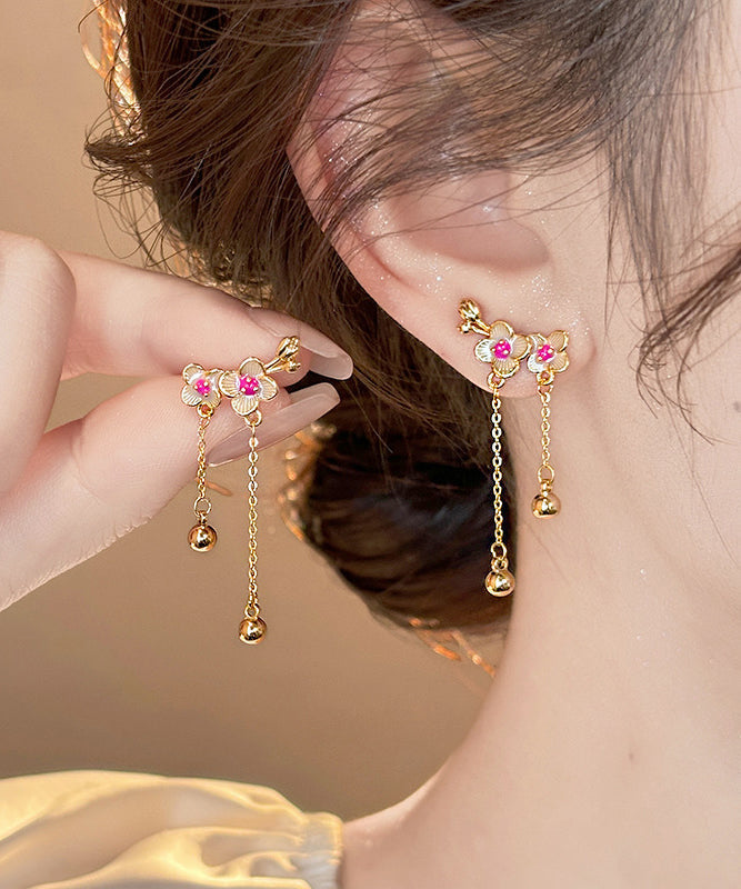 Boucles d'oreilles pendantes à pampilles en alliage de cuivre doré de style chinois en forme de fleur de pêcher - TrendAura