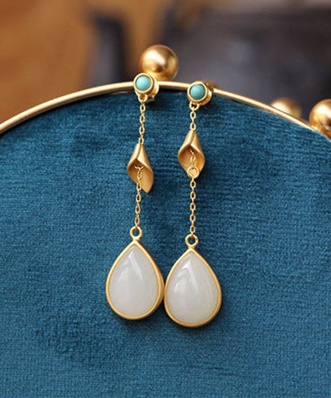 Boucles d'oreilles pendantes en argent sterling doré de style chinois avec pendentif en forme de goutte d'eau en jade turquoise - TrendAura