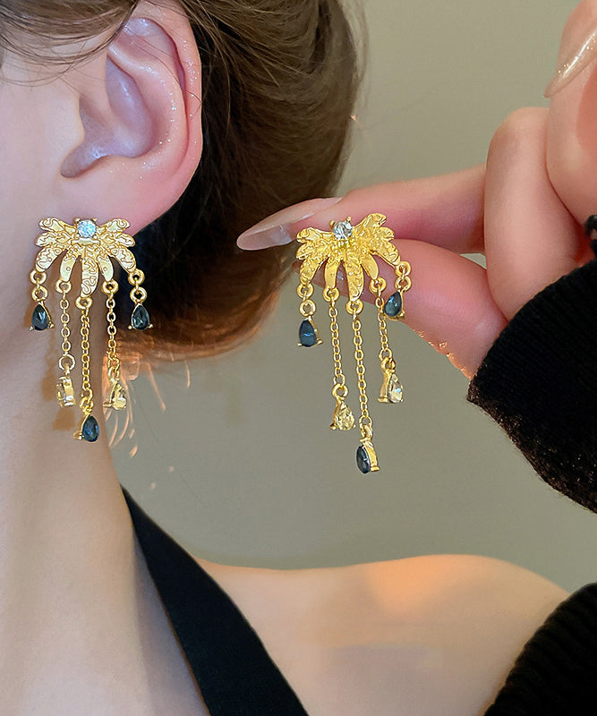 Boucles d'oreilles pendantes à pampilles en forme de goutte d'eau, style chinois, en argent sterling doré et zircons - TrendAura