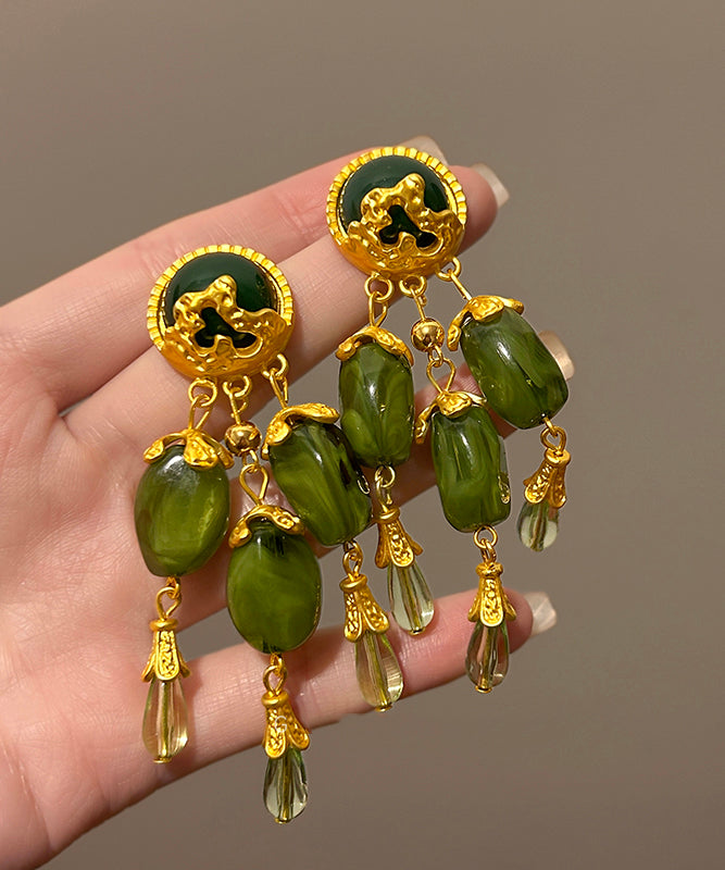 Boucles d'oreilles pendantes à pampilles en alliage de jade vert de style chinois - TrendAura