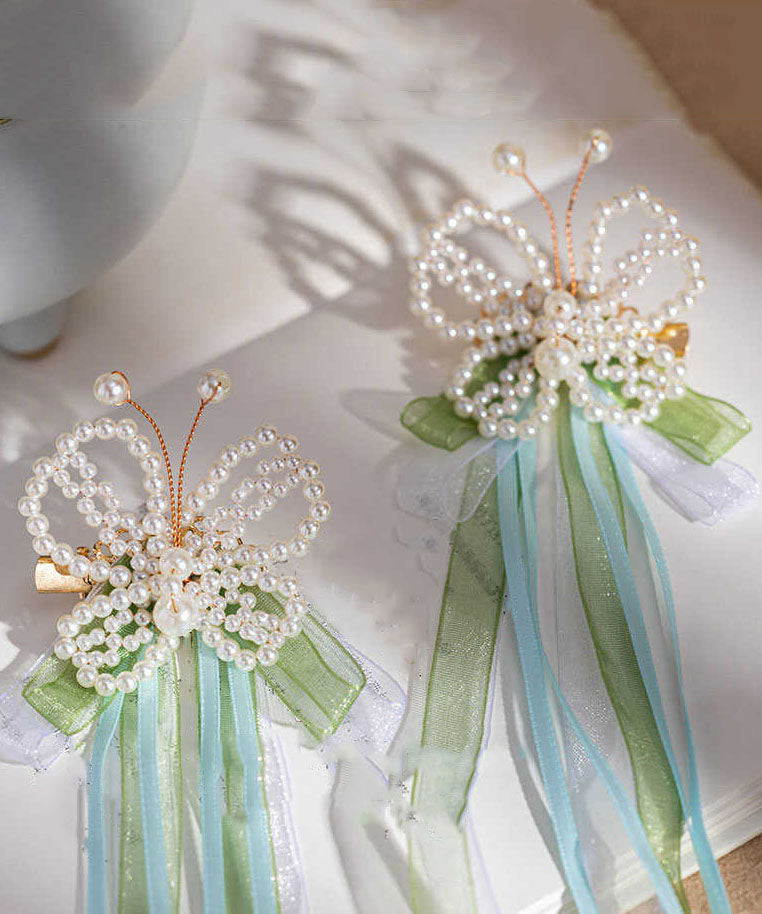 Épingle à cheveux papillon à pompon et ruban en alliage vert perle style chinois - TrendAura