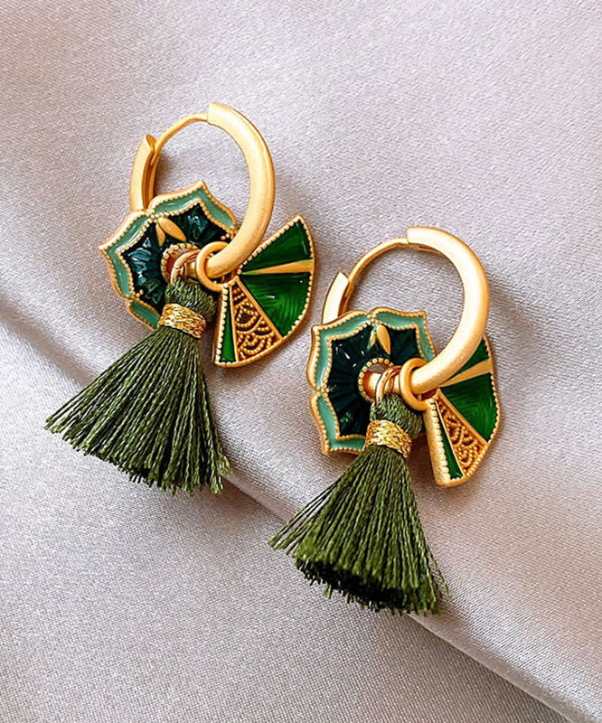 Boucles d'oreilles créoles à pampilles en alliage de cuivre vert de style chinois - TrendAura