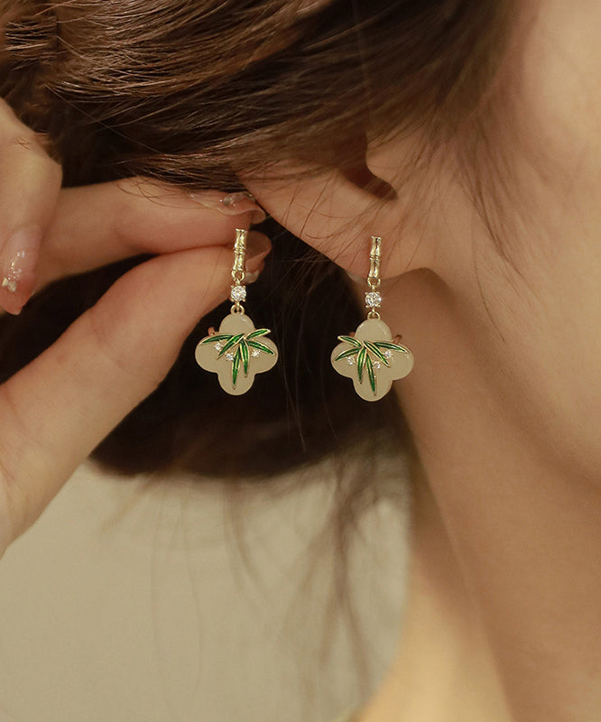 Boucles d'oreilles pendantes en forme de feuille de bambou, en alliage de cuivre vert et résine de zircon, de style chinois - TrendAura