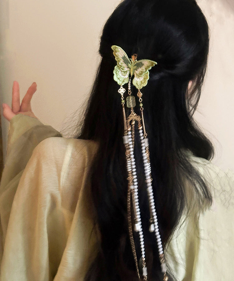 Épingle à cheveux à pompon en perles et broderie papillon en cuivre vert de style chinois - TrendAura